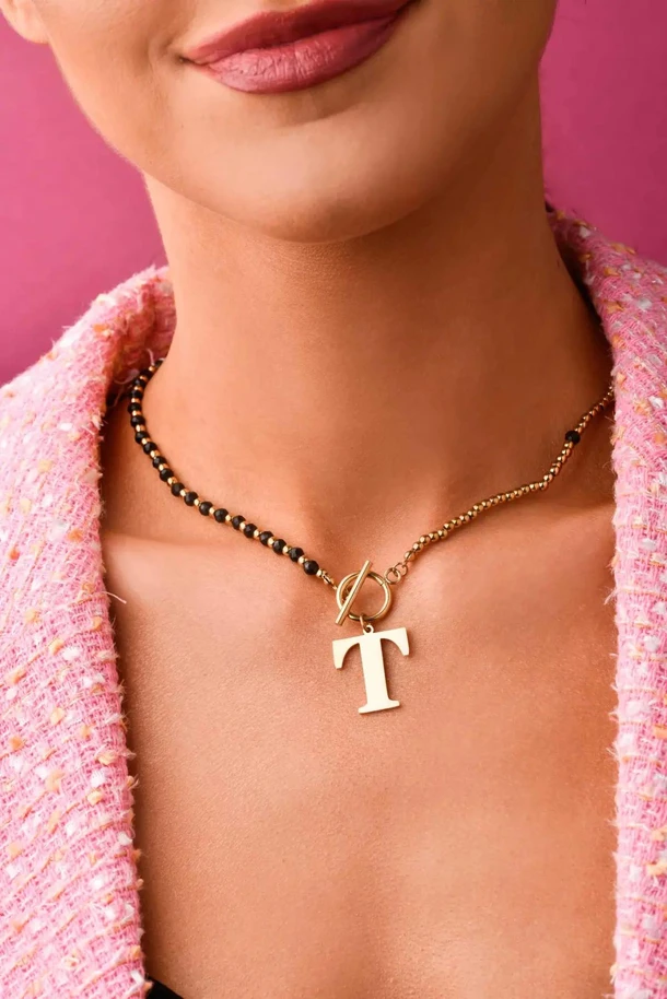 Naszyjnik litera T, Obsydian, złoty S300059Z1