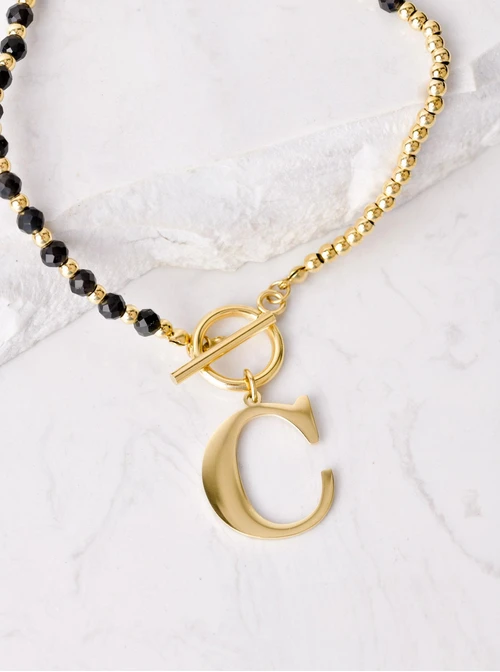 Naszyjnik litera C, Obsydian, złoty S300049Z1