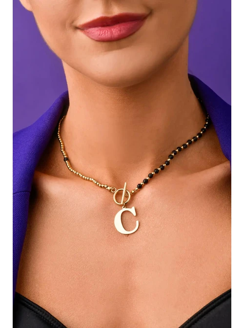 Naszyjnik litera C, Obsydian, złoty S300049Z1