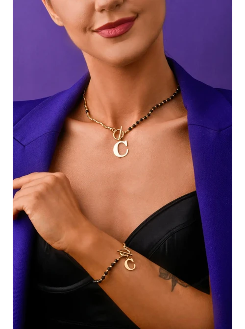 Naszyjnik litera C, Obsydian, złoty S300049Z1