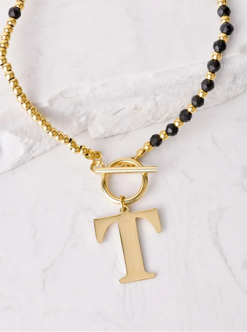 Naszyjnik litera T, Obsydian, złoty S300059Z1