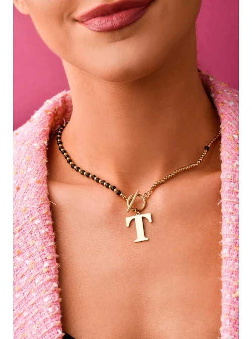 Naszyjnik litera T, Obsydian, złoty S300059Z1