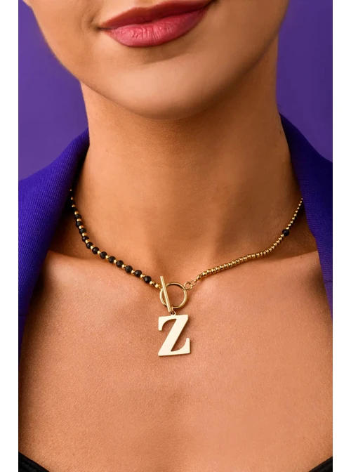 Naszyjnik litera Z, Obsydian, złoty S300061Z1