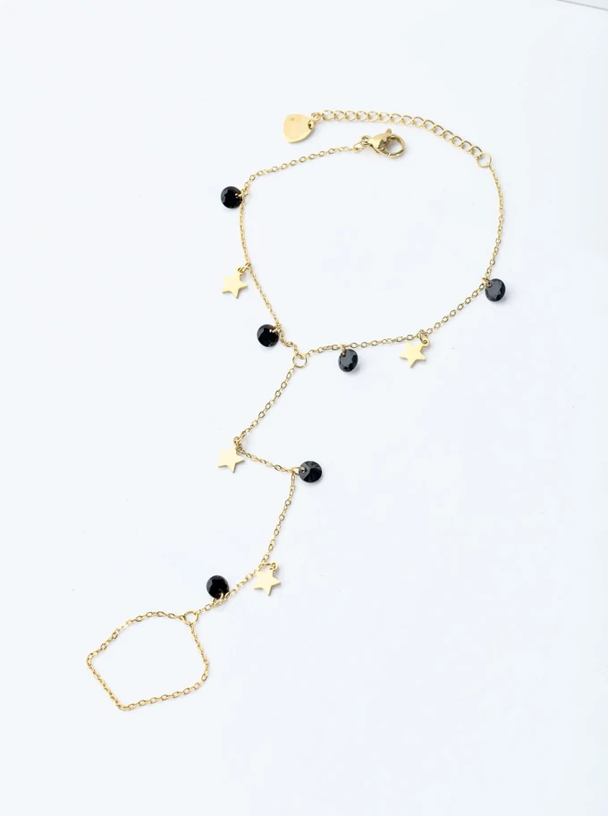 Bransoletka z pierścionkiem, gwiazdki, czarne kryształki, złoty S103897Z01