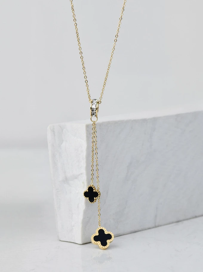 Naszyjnik krawatka, koniczynki, kryształki, czarny, złoty S303494Z01