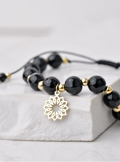 Bransoletka Rozeta Vezzi, obsydian, sznurek, złoty S100392Z01