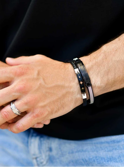 Bransoletka czarna plecionka, srebrny S100287M01