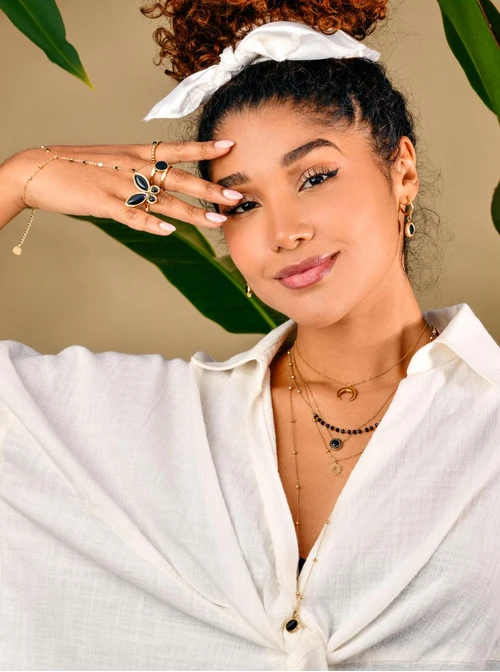 Naszyjnik długi, czarne kółeczko, kulki, złoty S303466Z01