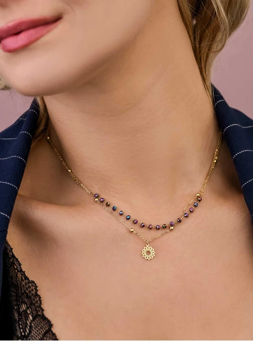 Naszyjnik podwójny, rozeta Vezzi, kolorowe kryształki,  złoty S303464Z00