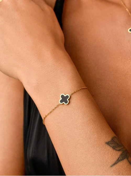 Bransoletka czarna koniczynka, zloty S104066Z01