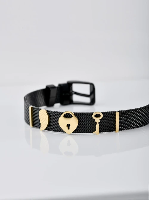 Bransoletka skrzydełko, kłódka, kluczyk, czarny, złoty S104095Z00