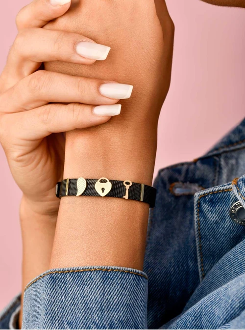 Bransoletka skrzydełko, kłódka, kluczyk, czarny, złoty S104095Z00