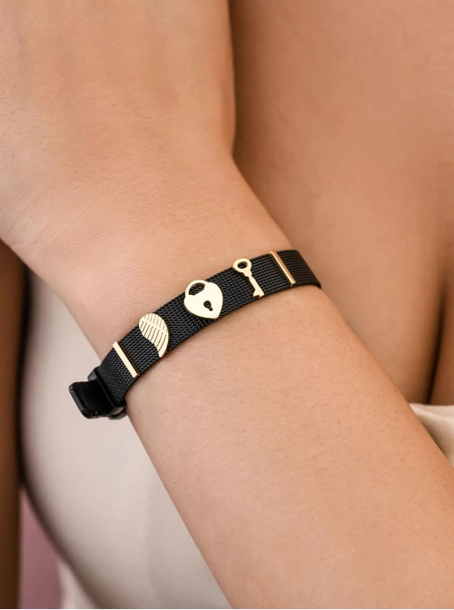 Bransoletka skrzydełko, kłódka, kluczyk, czarny, złoty S104095Z00