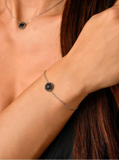 Bransoletka kółeczko, kryształki czarne, srebrny S104061S01