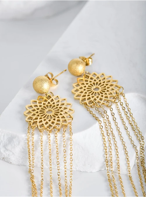 Kolczyki wiszące łańcuszki, kwiatek, złoty S204306Z00