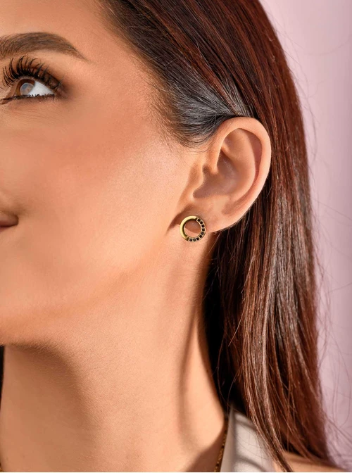 Kolczyki małe kółeczka, czarne kryształki, złoty S204302Z01