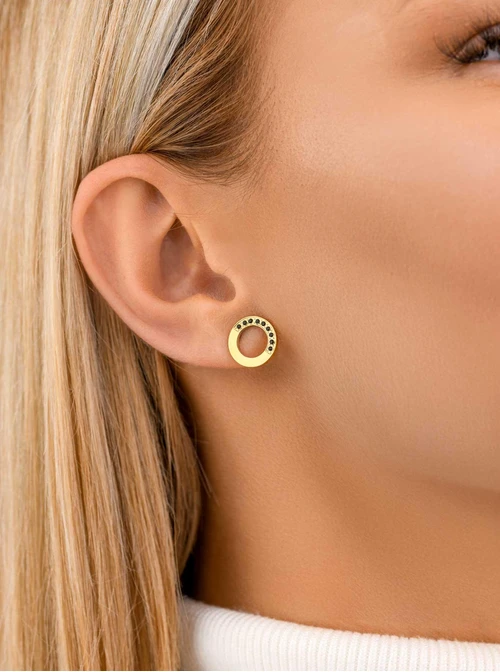 Kolczyki małe kółeczka, czarne kryształki, złoty S204302Z01