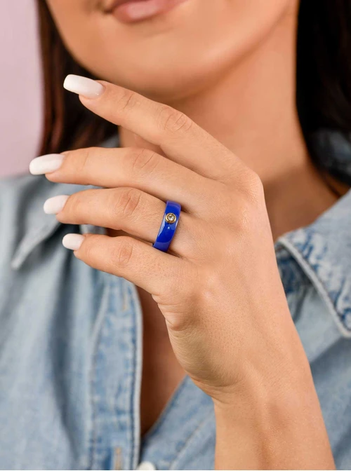 Pierścionek ceramiczny z kryształkiem, niebieski, złoty C404128Z04