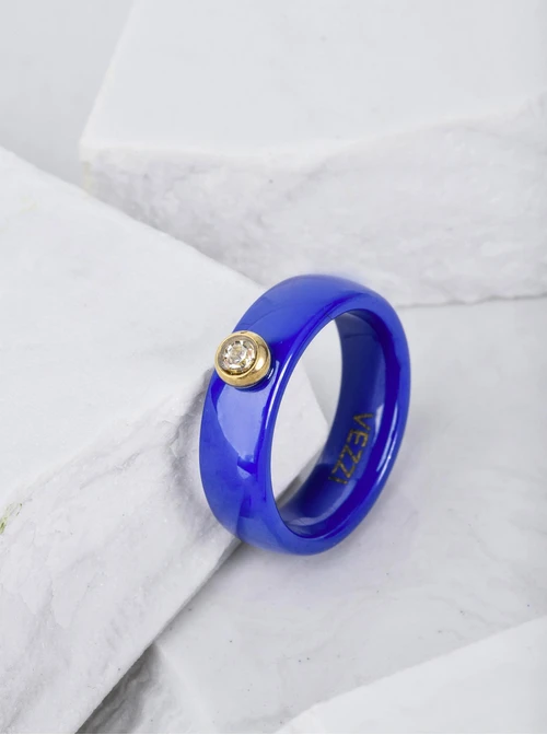 Pierścionek ceramiczny z kryształkiem, niebieski, złoty C404128Z04