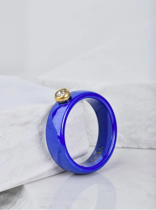 Pierścionek ceramiczny z kryształkiem, niebieski, złoty C404128Z04