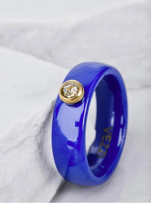 Pierścionek ceramiczny z kryształkiem, niebieski, złoty C404128Z04