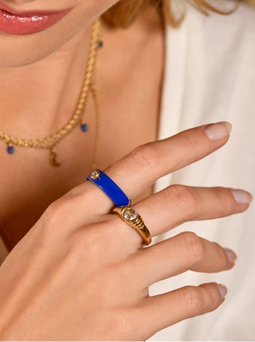 Pierścionek ceramiczny z kryształkiem, niebieski, złoty C404128Z04