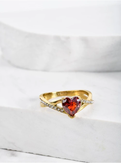 Pierścionek czerwone serce, kryształki, złoty S404139Z03