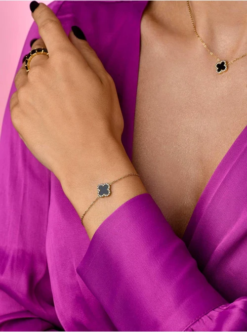 Bransoletka czarna koniczynka, kryształki, złoty S104278Z01