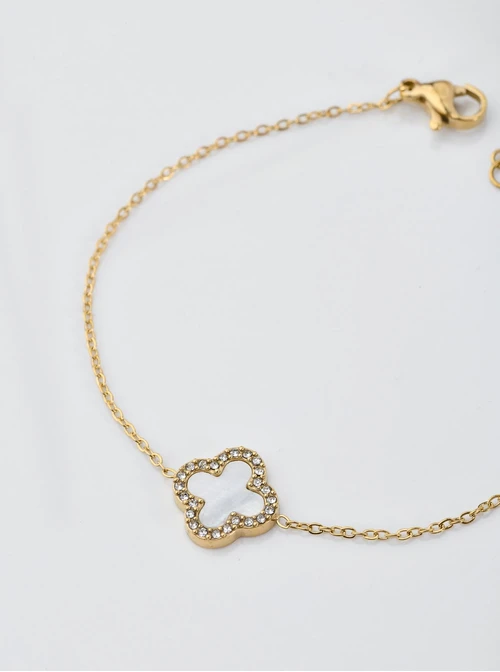 Bransoletka koniczynka z masą perłową, kryształki, złoty S104278Z02