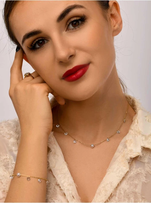 Bransoletka perełka, kryształki, złoty S104775Z00