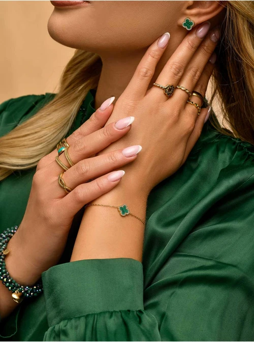 Bransoletka zielona koniczynka, kryształki, złoty S104278Z05