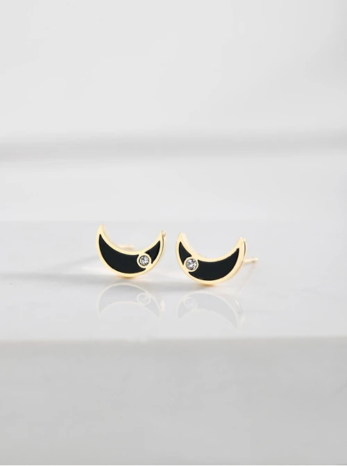 Kolczyki czarne księżyce z kryształkiem, złoty S204742Z01