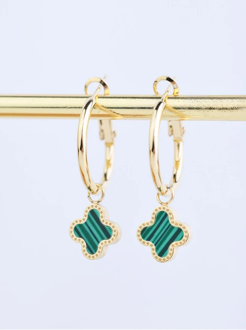 Kolczyki koła z zieloną koniczynką, złoty S204297Z05