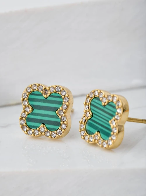 Kolczyki zielone koniczynki, kryształki, złoty S204303Z05