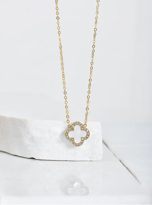 Naszyjnik koniczynka, kryształki, złoty  S304224Z02