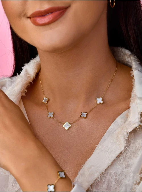 Naszyjnik koniczynki, masa perłowa, złoty S304222Z02