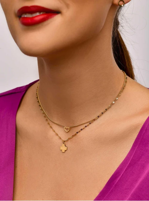 Naszyjnik podwójny, serduszko, koniczynka, złoty S304788Z00