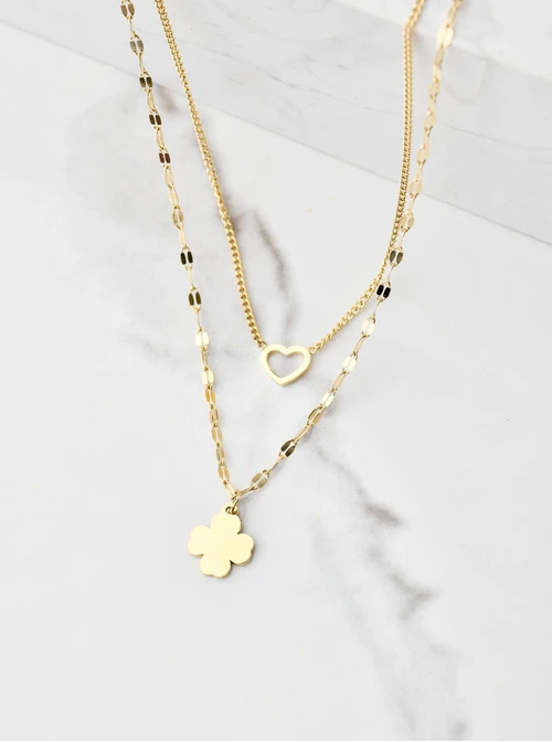 Naszyjnik podwójny, serduszko, koniczynka, złoty S304788Z00