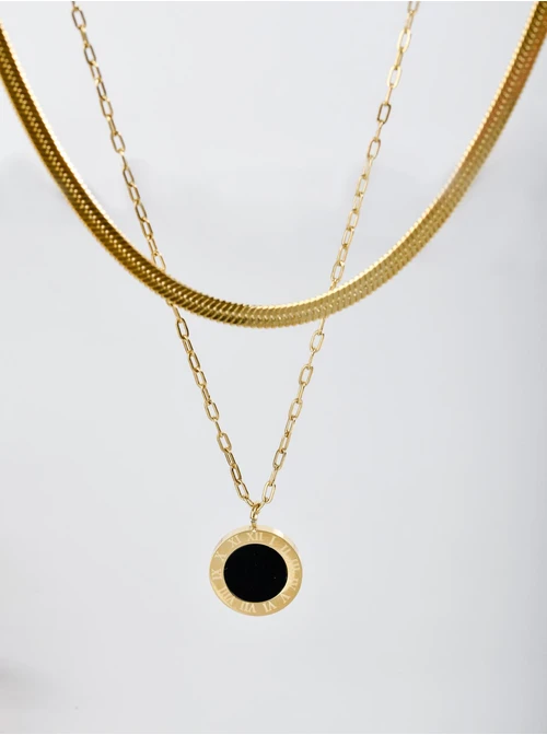 Naszyjnik podwójny żmijka, kółeczko z czarną emalią, złoty S304805Z01