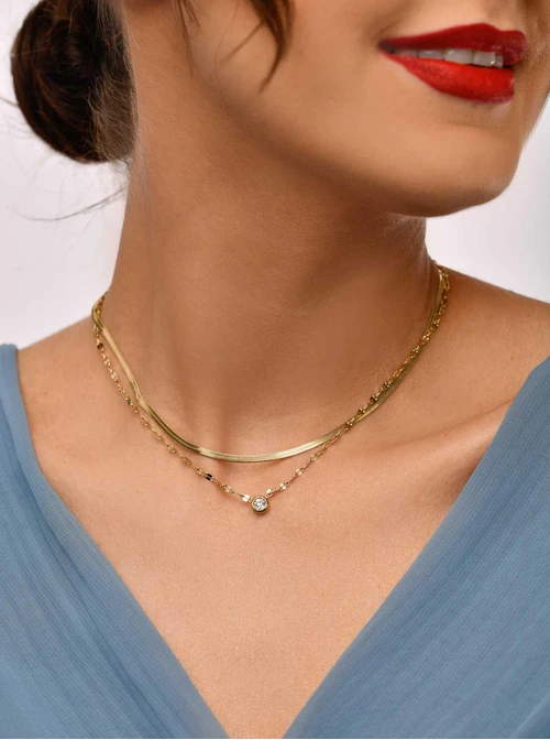 Naszyjnik podwójny, żmijka, kryształek, złoty S304797Z00