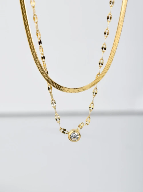 Naszyjnik podwójny, żmijka, kryształek, złoty S304797Z00
