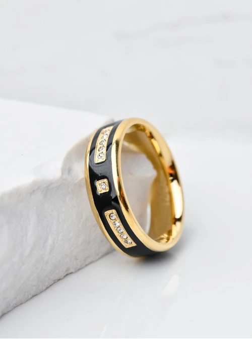 Obrączka kryształki, czarna emalia, złoty S404158Z00