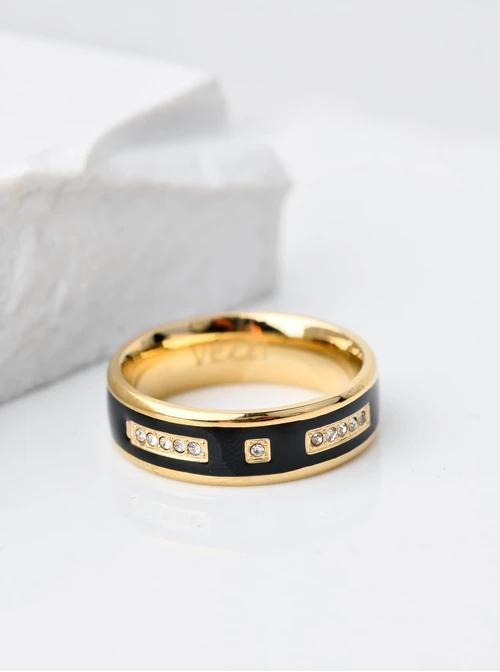 Obrączka kryształki, czarna emalia, złoty S404158Z00
