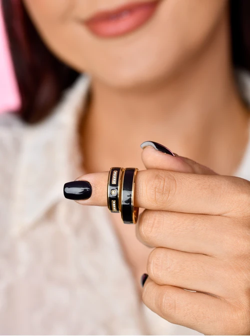 [Zestaw] Obrączka unisex, czarna emalia, złoty S404185Z00