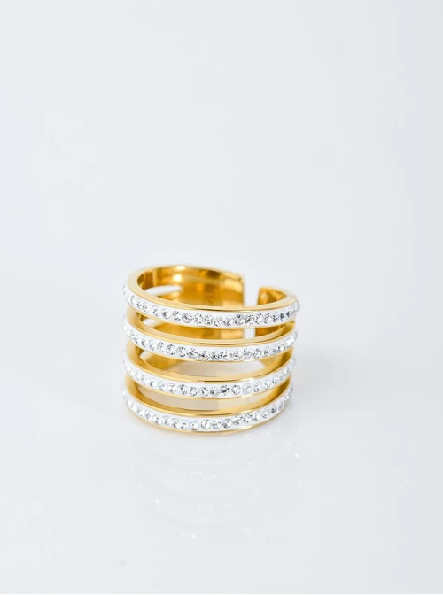 Pierścionek szeroki z kryształkami, złoty S404312Z02