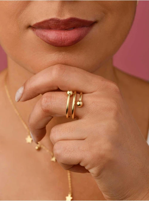 Pierścionek szeroki z kulkami, złoty S405176Z00