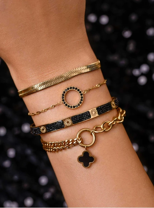 Bransoletka kółeczko, czarne kryształki, złoty S105034Z01