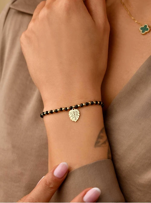 Bransoletka monstera, czarne kryształki, złoty S105223Z01