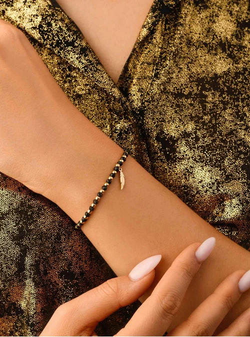 Bransoletka piórko, czarne kryształki, złoty S105224Z01