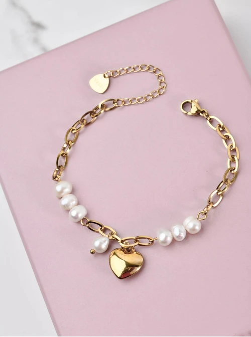Bransoletka serce, perły rzeczne, złoty S105071Z00